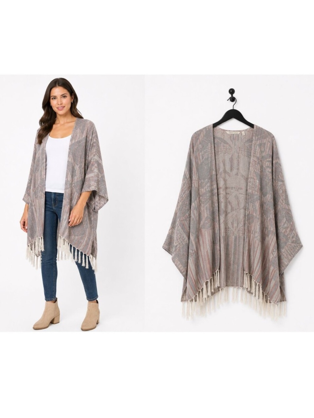 Soft Surroundings Vanilla Orchid Topper Fringe Kimono Cardigan L/XL Taupe Cream